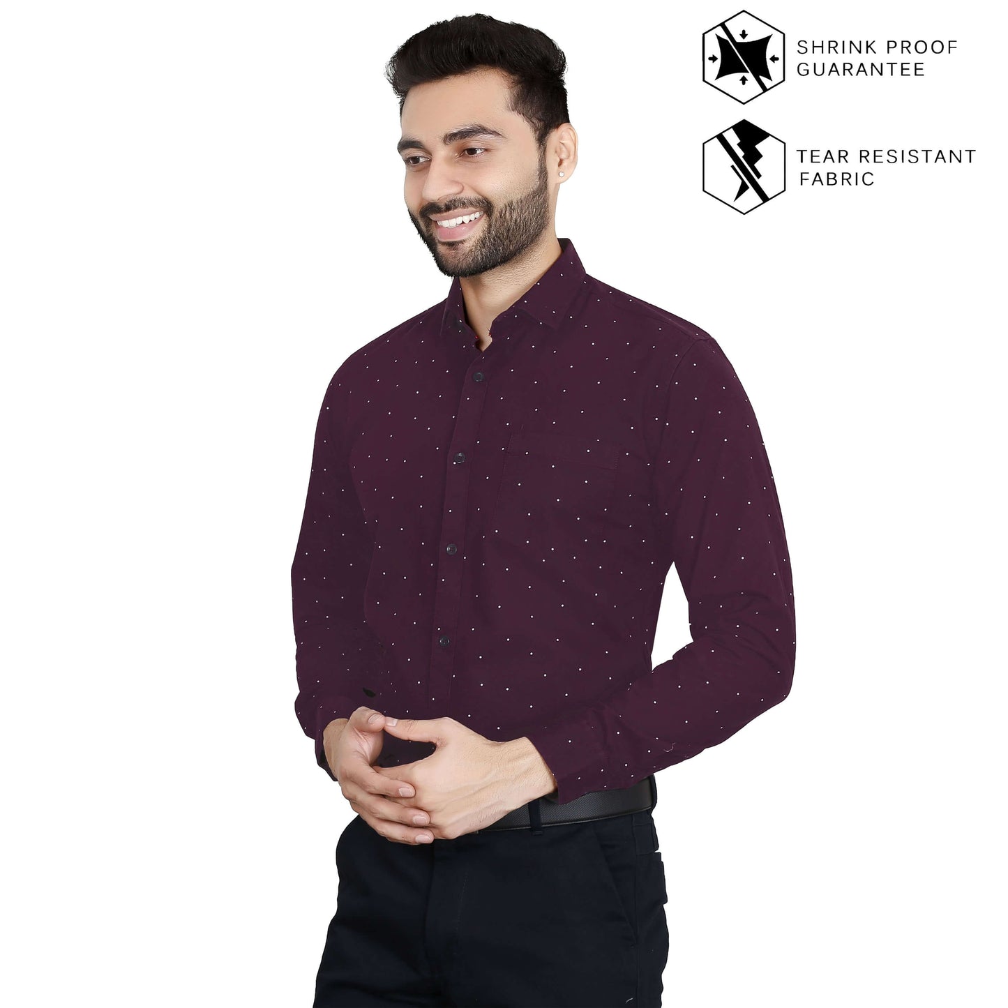 5thanfold Men's Formal Pure Cotton Full Sleeve Printed Maroon Slim Fit Shirt