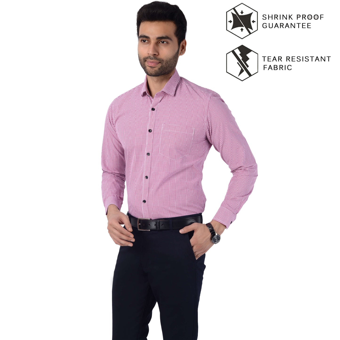 5thanfold Men's Formal Pure Cotton Full Sleeve Checkered Pink Slim Fit Shirt