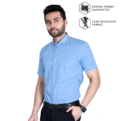 5thanfold Men's Formal Pure Cotton Half Sleeve Solid Sky Blue Slim Fit Shirt