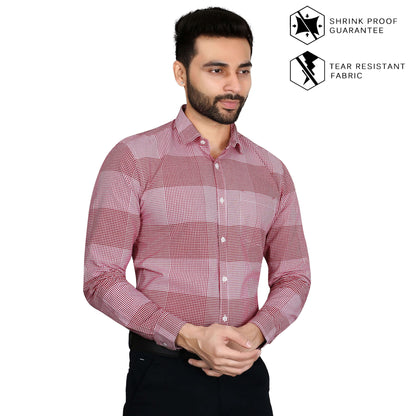 5thanfold Men's Formal Pure Cotton Full Sleeve Checkered Red Regular Fit Shirt