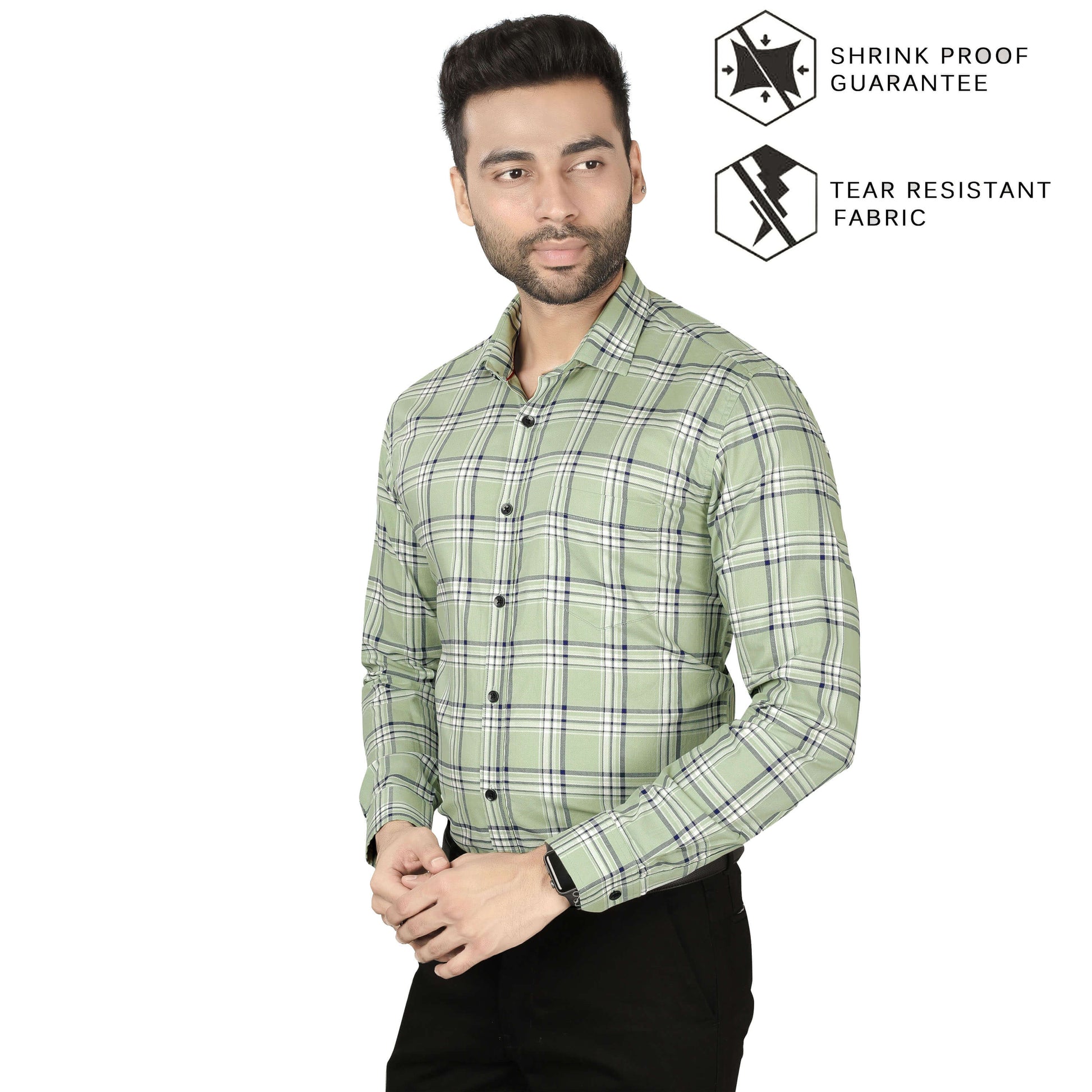 5thanfold Men's Formal Pure Cotton Full Sleeve Checkered Pista green Slim Fit Shirt