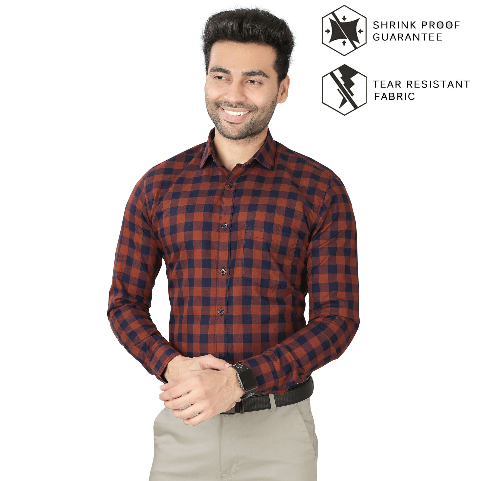 5thanfold Men's Formal Pure Cotton Full Sleeve Checkered Orange Regular Fit Shirt