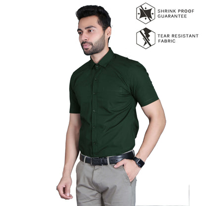 5thanfold Men's Formal Pure Cotton Half Sleeve Solid Bottle Green Slim Fit Shirt