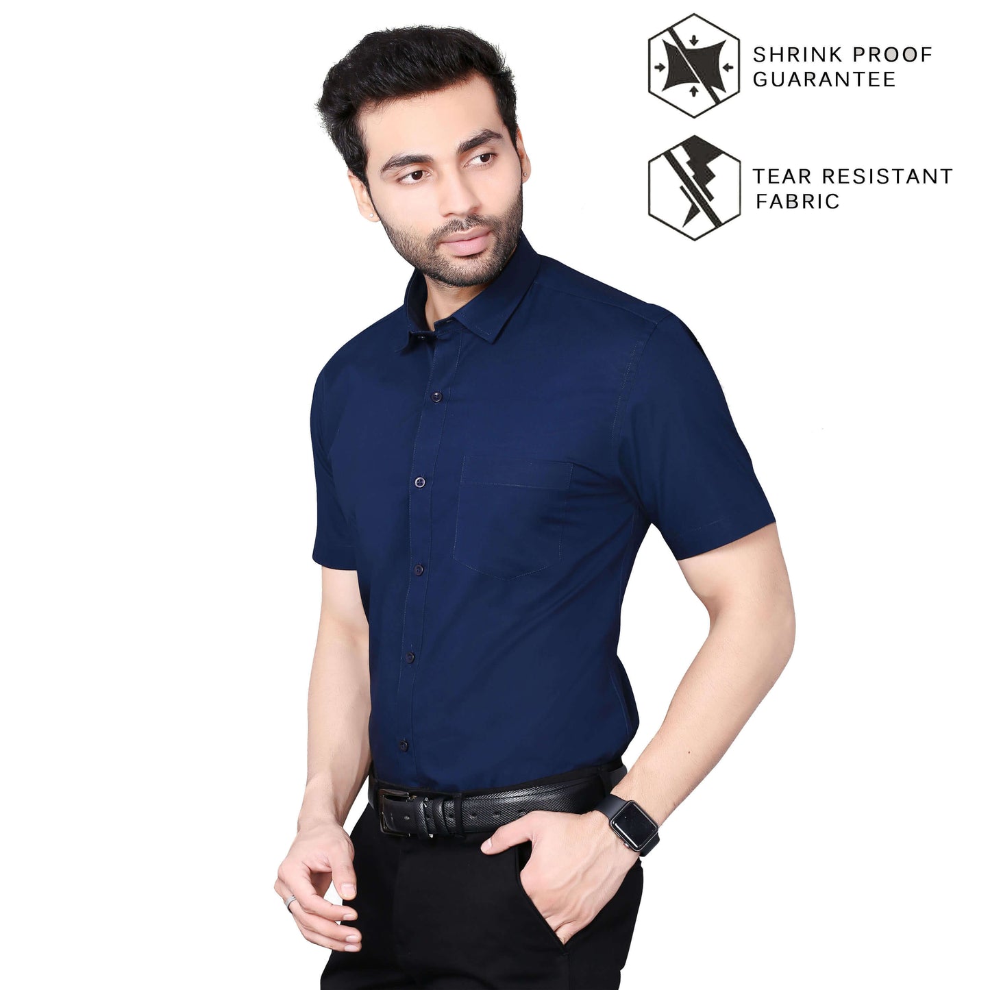 5thanfold Men's Formal Pure Cotton Half Sleeve Solid Light Navy Slim Fit Shirt