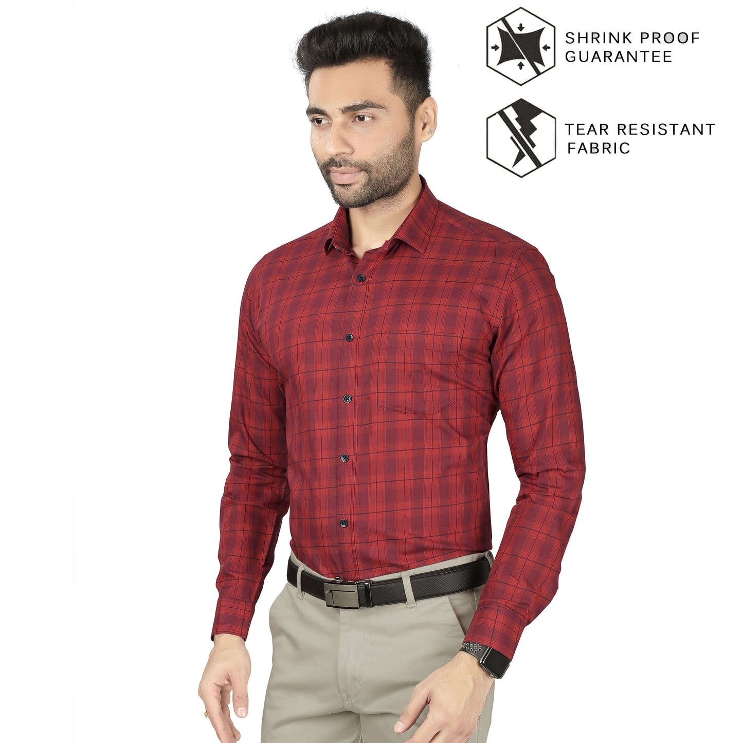 5thanfold Men's Formal Pure Cotton Full Sleeve Checkered Red Slim Fit Shirt