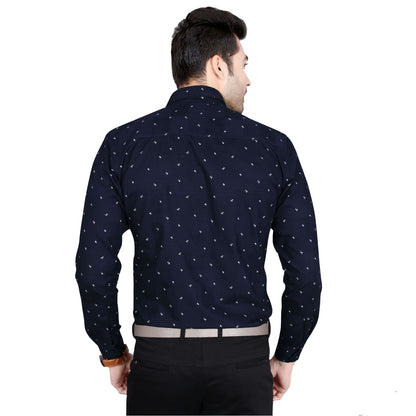 5thanfold Men's Formal Pure Cotton Full Sleeve Printed Dark Blue Slim Fit Shirt