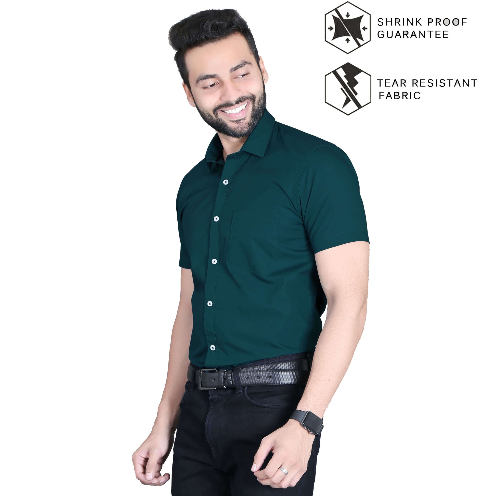 5thanfold Men's Formal Pure Cotton Half Sleeve Solid Peakok Green Slim Fit Shirt
