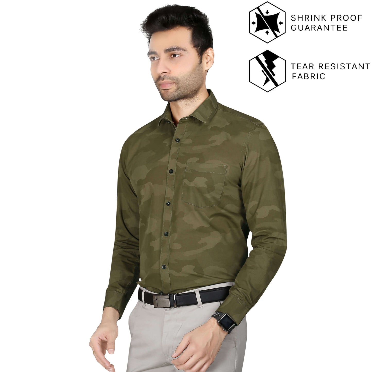 5thanfold Men's Formal Pure Cotton Full Sleeve Printed Khaki Slim Fit Shirt