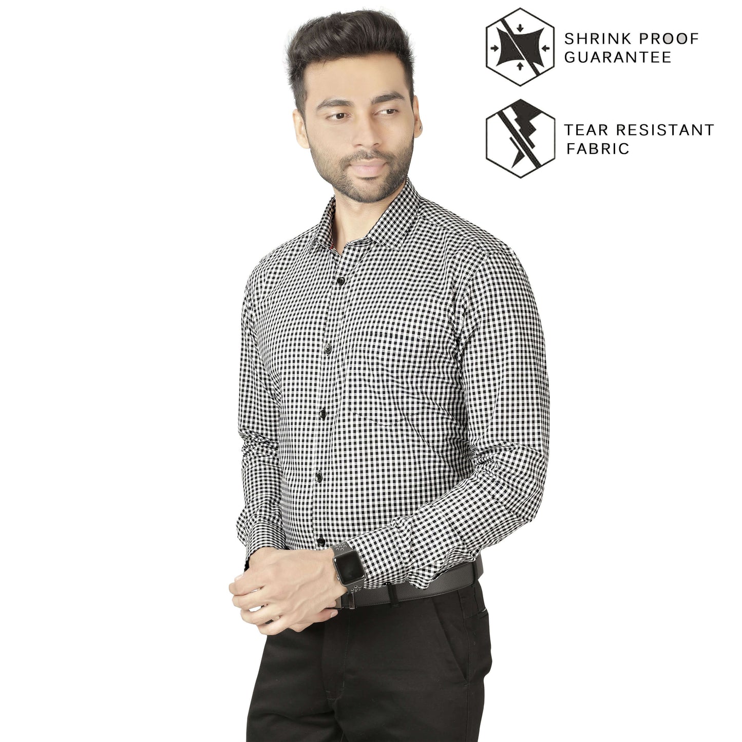 5thanfold Men's Formal Pure Cotton Full Sleeve Checkered Grey Slim Fit Shirt