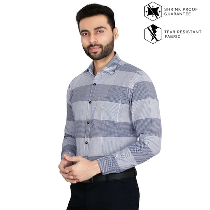 5thanfold Men's Formal Pure Cotton Full Sleeve Checkered Blue Regular Fit Shirt