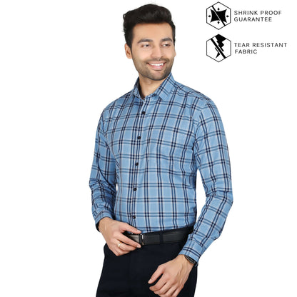 5thanfold Men's Formal Pure Cotton Full Sleeve Checkered Sky Blue Regular Fit Shirt