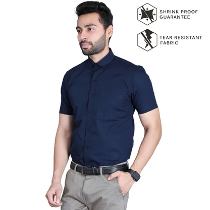 5thanfold Men's Formal Pure Cotton Half Sleeve Solid Navy Blue Slim Fit Shirt