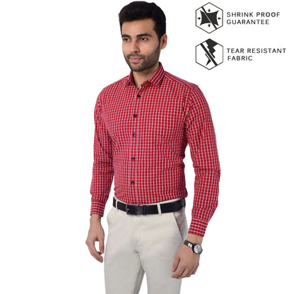 5thanfold Men's Formal Pure Cotton Full Sleeve Checkered Red Slim Fit Shirt