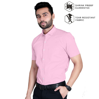 5thanfold Men's Formal Pure Cotton Half Sleeve Solid Pink Slim Fit Shirt