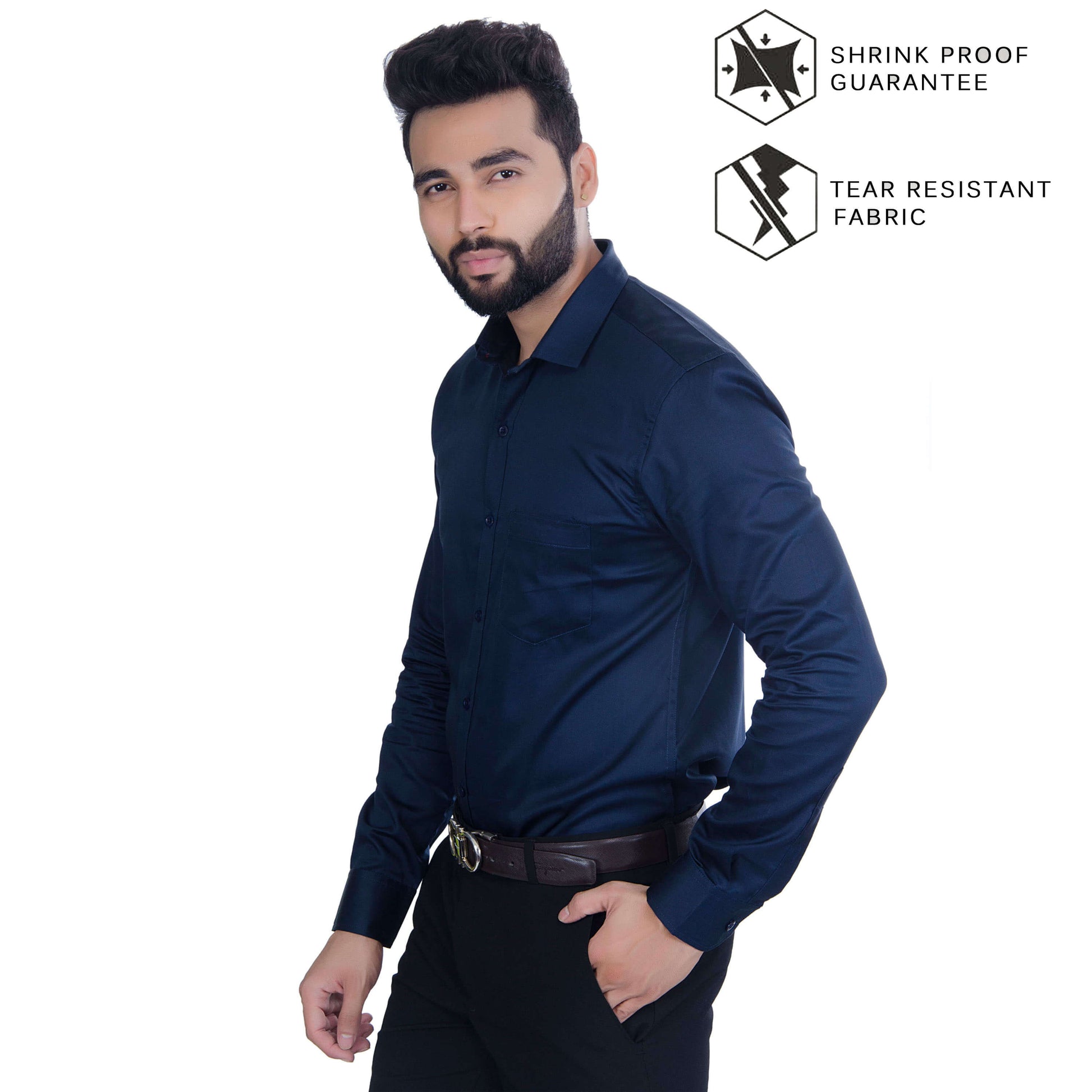 5thanfold Men's Formal Pure Cotton Full Sleeve Solid Navy Blue Slim Fit Shirt