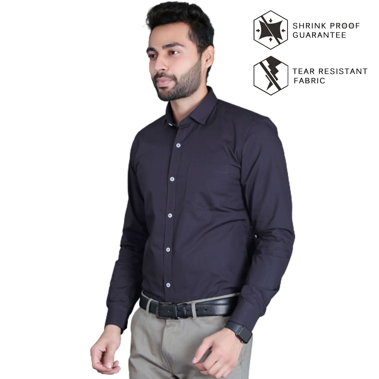 5thanfold Men's Formal Pure Cotton Full Sleeve Solid Dark Grey Slim Fit Shirt