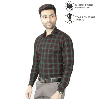 5thanfold Men's Formal Pure Cotton Full Sleeve Checkered Green Slim Fit Shirt