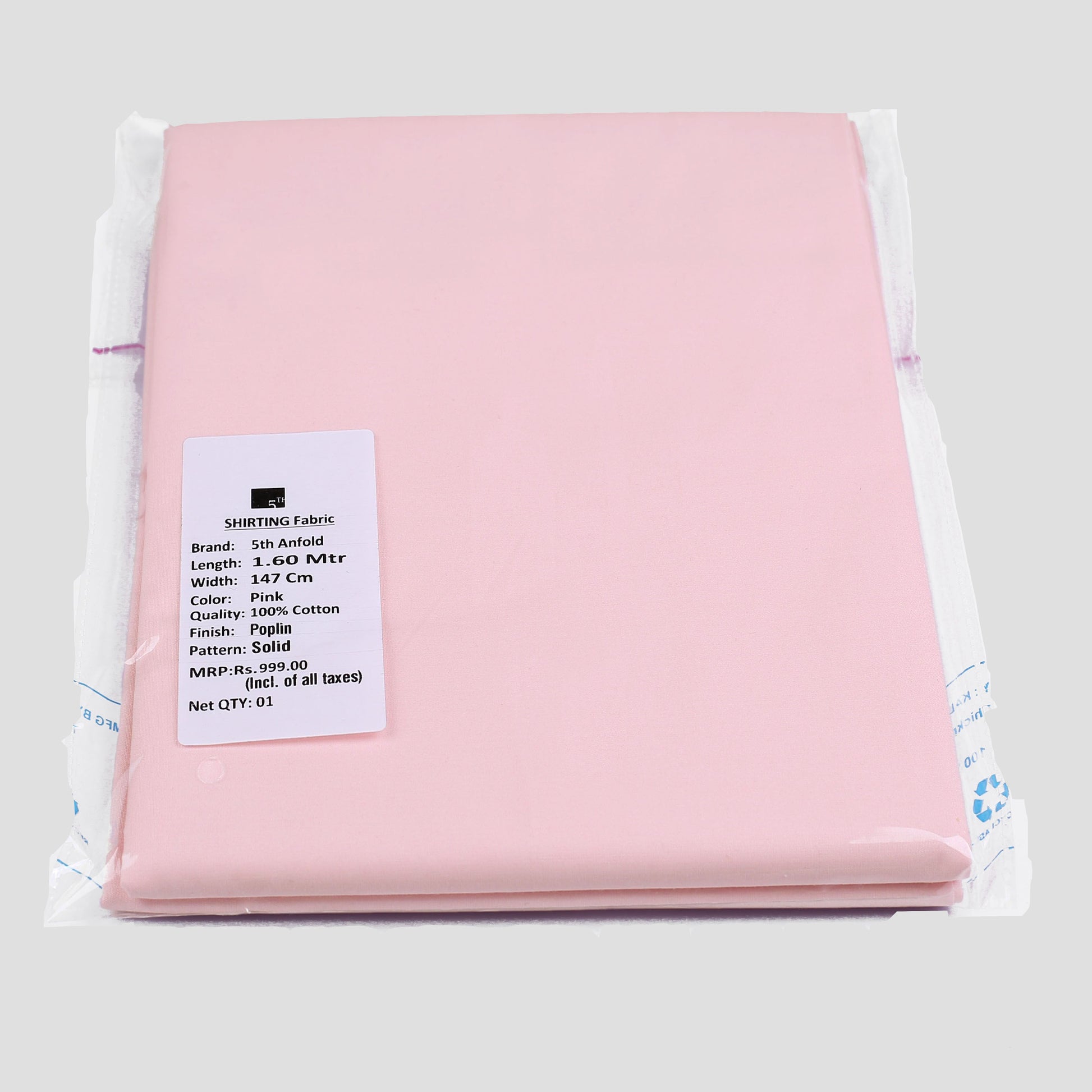 Baby Pink unstitched mill made 100% cotton full width shirt piece for one full sleev shirt