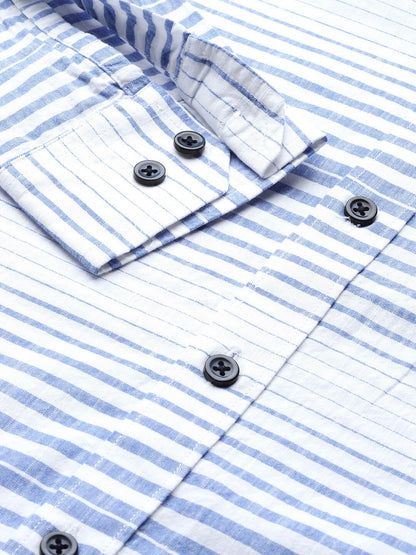 5thanfold Men's Pure Cotton Casual Full Sleeve Striped Blue Slim Fit Shirt