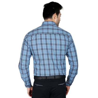 5thanfold Men's Formal Pure Cotton Full Sleeve Checkered Sky Blue Regular Fit Shirt