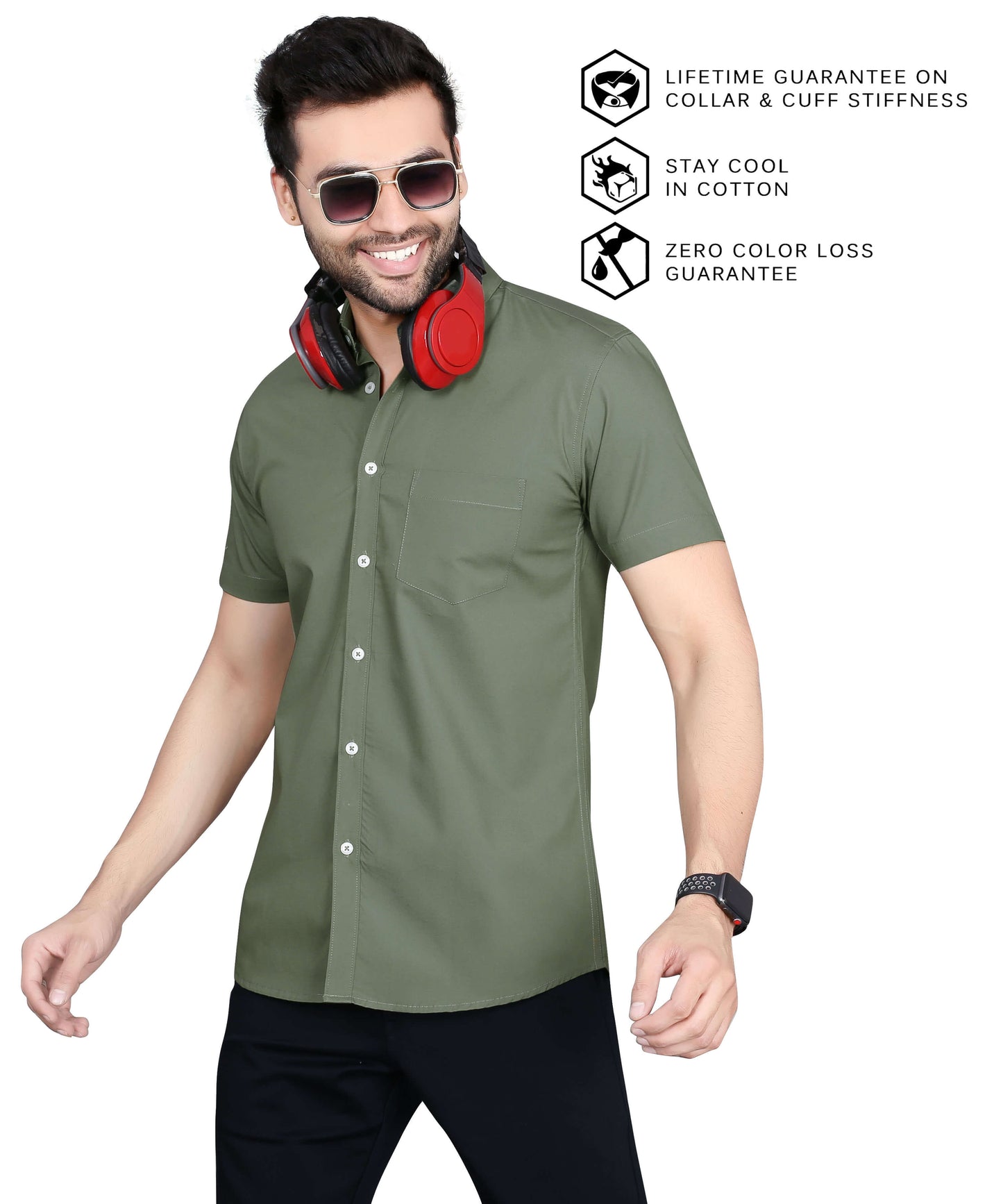 5thanfold Men's Casual Pure Cotton Half Sleeve Solid Rusty Green Slim Fit Shirt