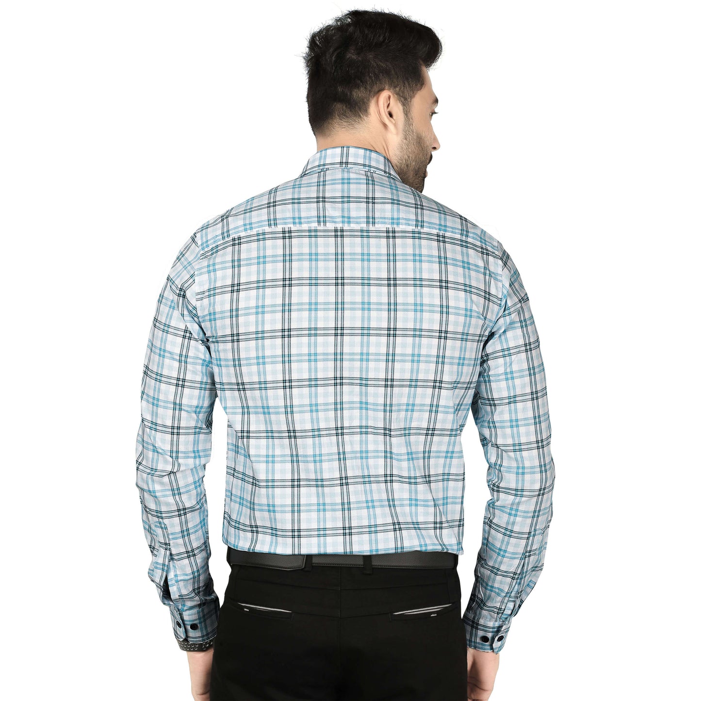 5thanfold Men's Formal Pure Cotton Full Sleeve Checkered Sky blue Slim Fit Shirt