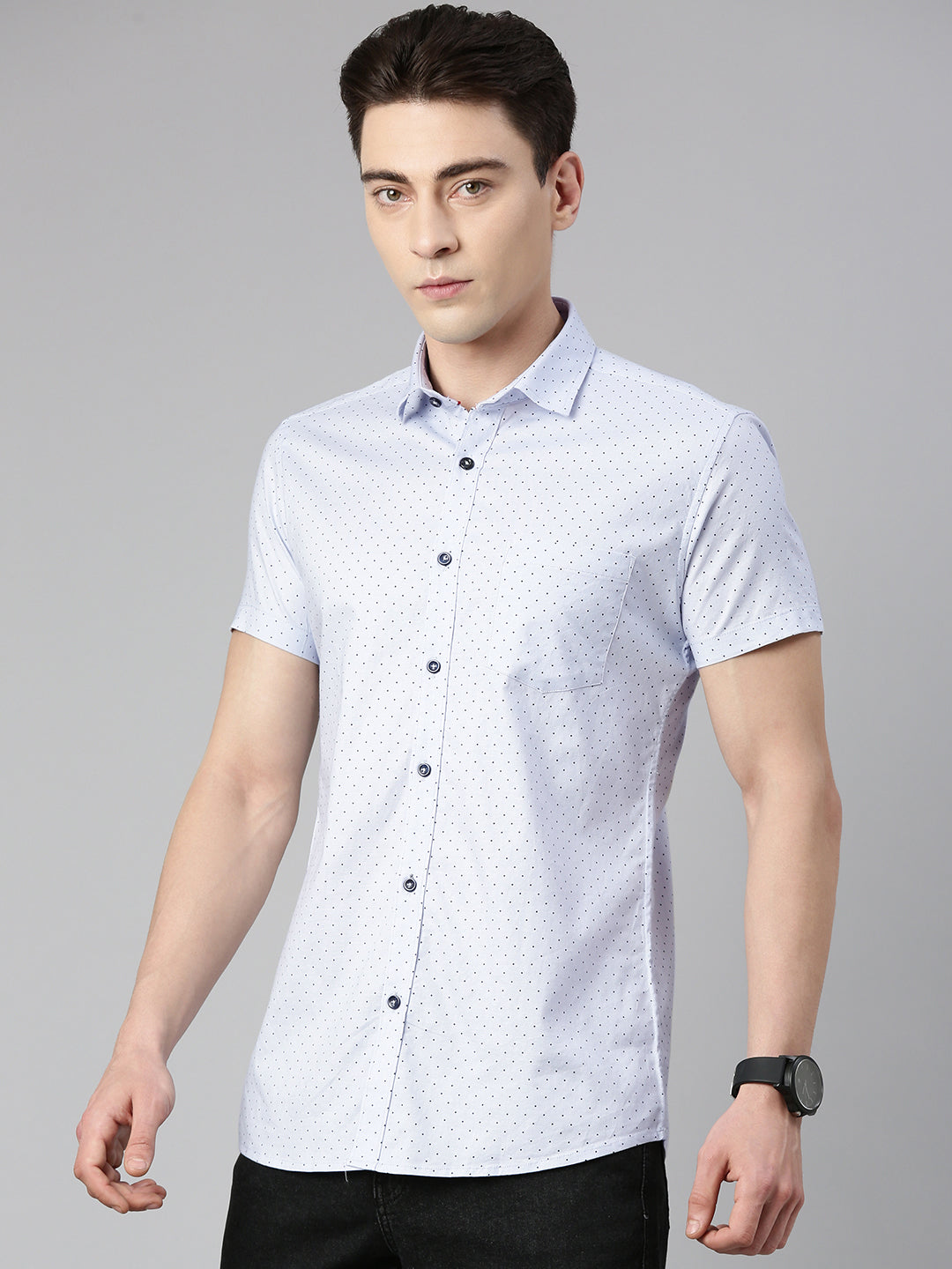 5thanfold Men's Casual Pure Cotton Lycra (Stretch)  Half Sleeve Polka Print Light Blue Slim Fit Shirt