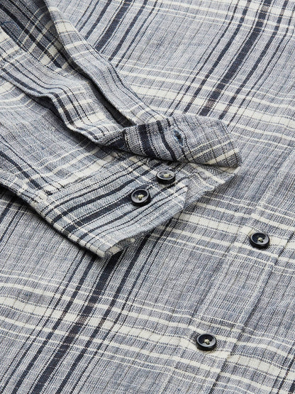 5thanfold Men's Casual Pure Cotton Full Sleeve Checkered Grey Slim Fit Shirt