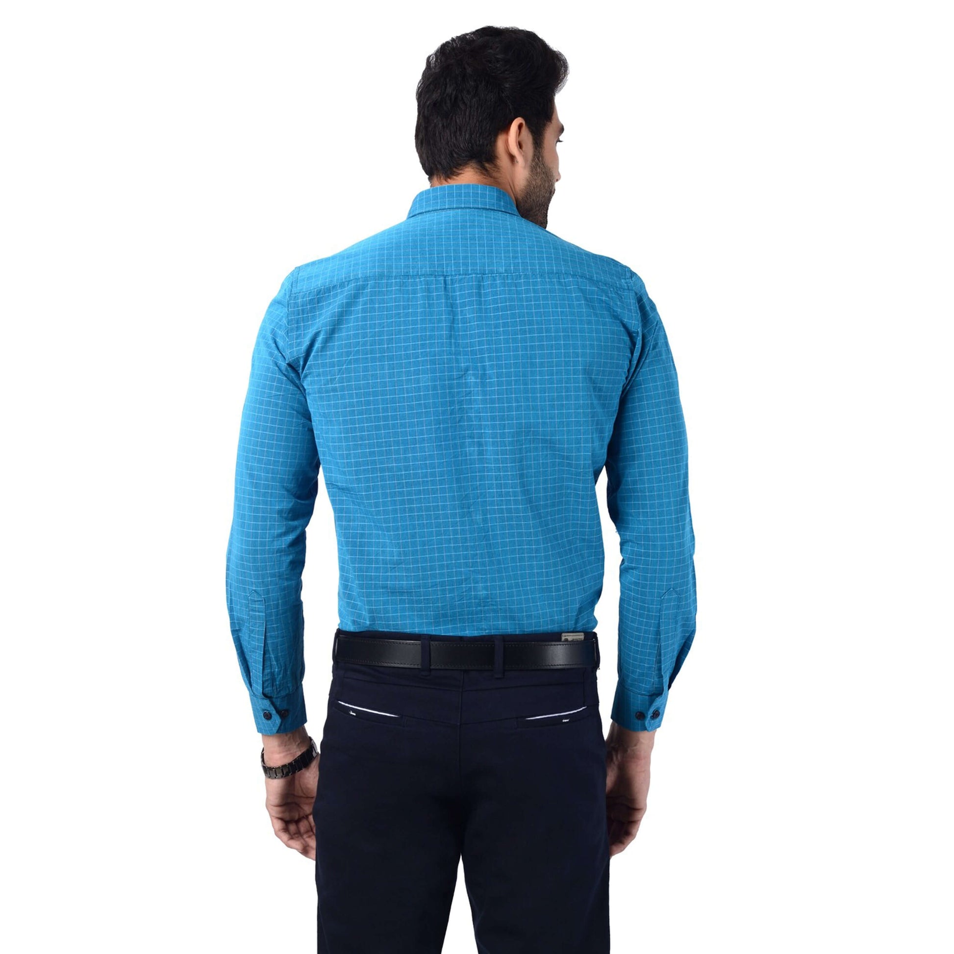 5thanfold Men's Formal Pure Cotton Full Sleeve Checkered Blue Slim Fit Shirt