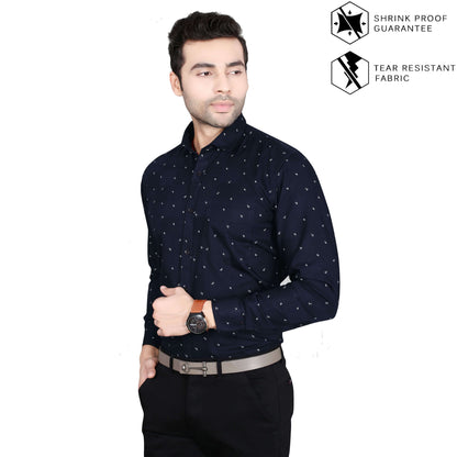 5thanfold Men's Formal Pure Cotton Full Sleeve Printed Dark Blue Slim Fit Shirt