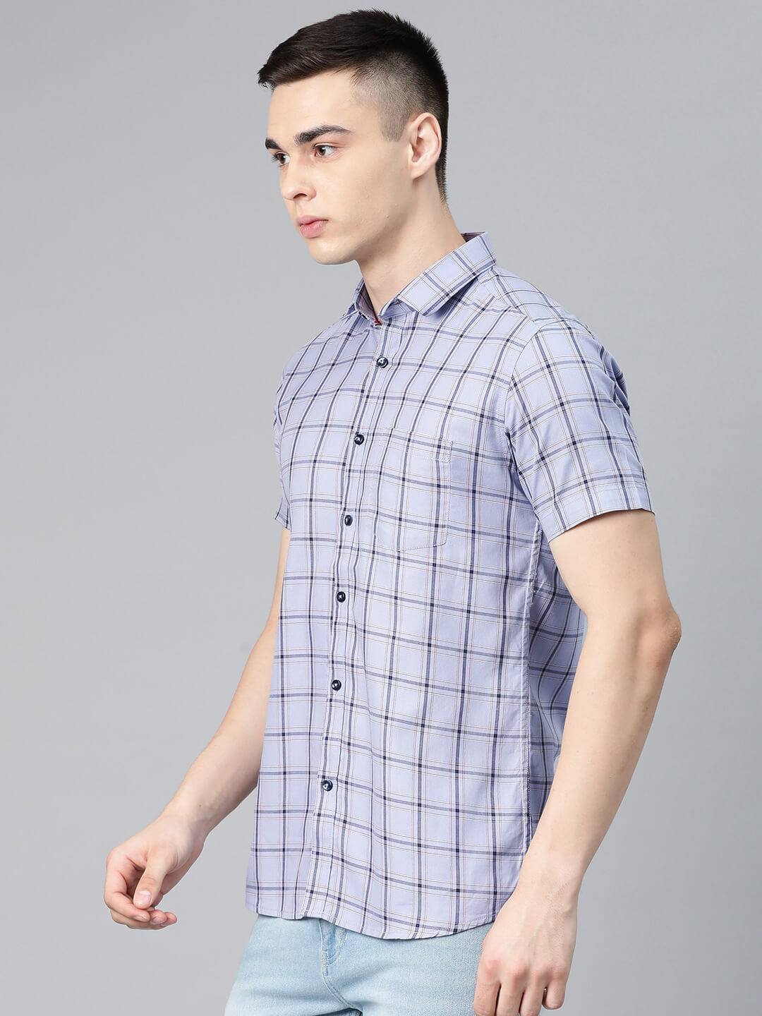 5thanfold Men's Casual Pure Cotton Half Sleeve Checkered Blue Slim Fit Shirt