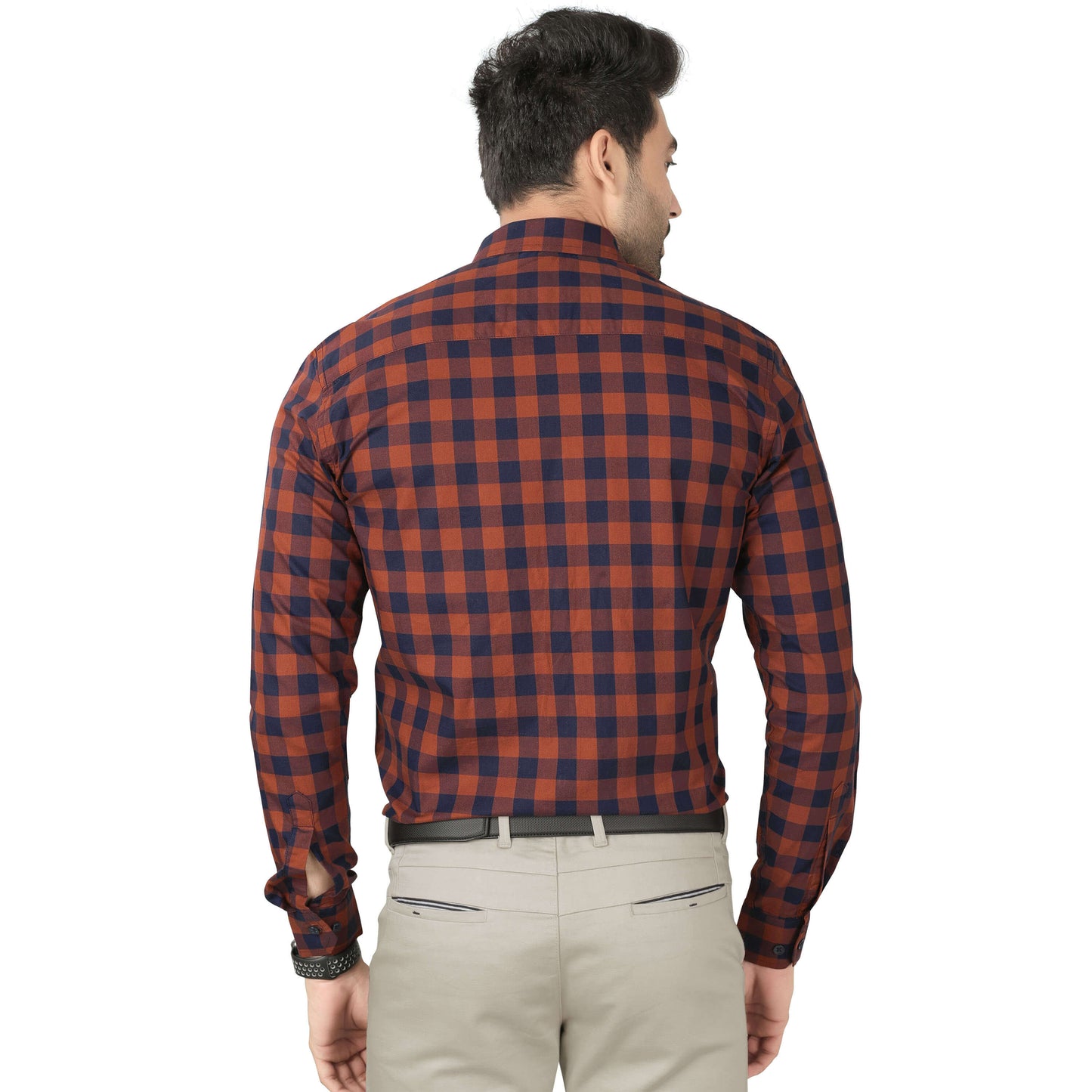 5thanfold Men's Formal Pure Cotton Full Sleeve Checkered Orange Regular Fit Shirt