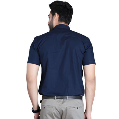 5thanfold Men's Formal Pure Cotton Half Sleeve Solid Navy Blue Slim Fit Shirt