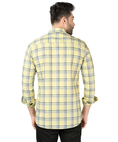 5thanfold Men's Casual Pure Cotton Full Sleeve Checkered Yellow Slim Fit Shirt