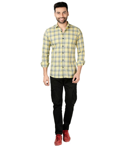 5thanfold Men's Casual Pure Cotton Full Sleeve Checkered Yellow Slim Fit Shirt