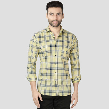 5thanfold Men's Casual Pure Cotton Full Sleeve Checkered Yellow Slim Fit Shirt