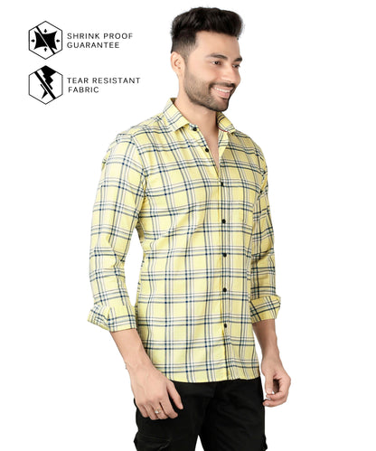 5thanfold Men's Casual Pure Cotton Full Sleeve Checkered Yellow Slim Fit Shirt