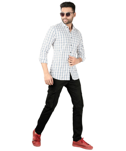 5thanfold Men's Casual Pure Cotton Full Sleeve Checkered White Regular Fit Shirt