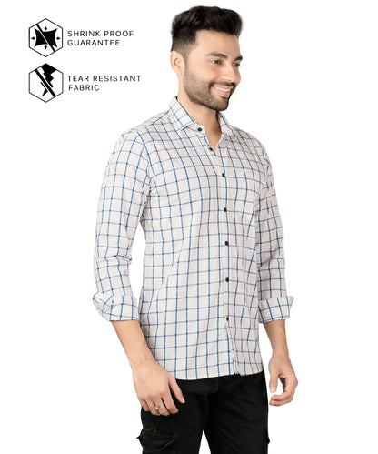 5thanfold Men's Casual Pure Cotton Full Sleeve Checkered White Regular Fit Shirt