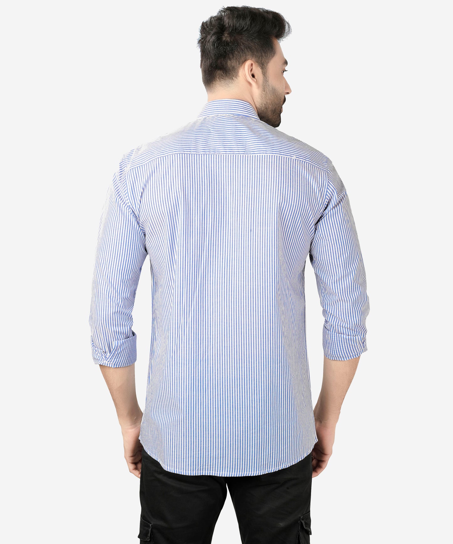 5thanfold Men's Casual Pure Cotton Full Sleeve Striped Sky Blue Slim Fit Shirt