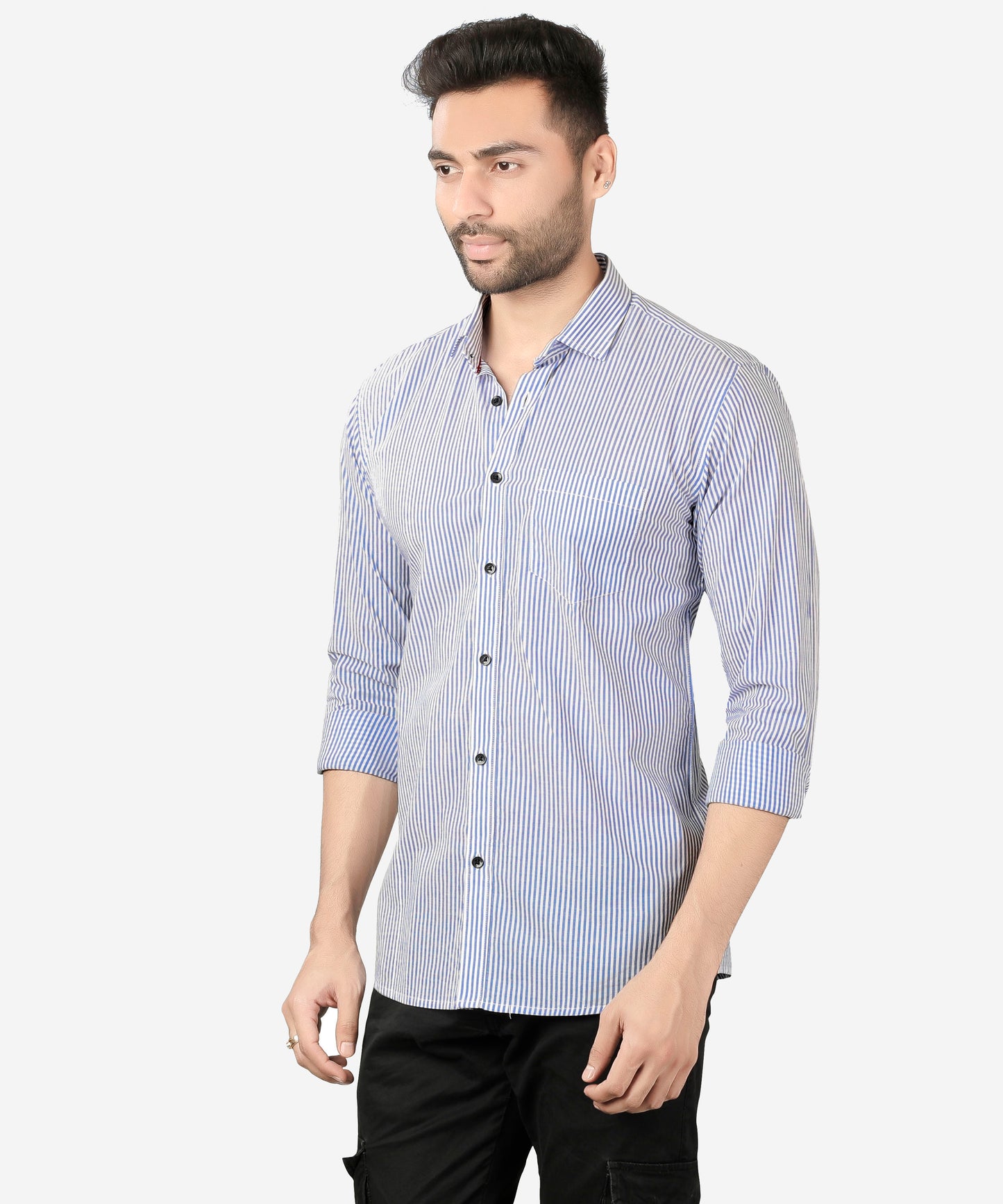 5thanfold Men's Casual Pure Cotton Full Sleeve Striped Sky Blue Slim Fit Shirt