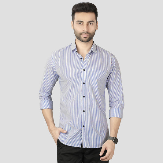 5thanfold Men's Casual Pure Cotton Full Sleeve Striped Sky Blue Slim Fit Shirt