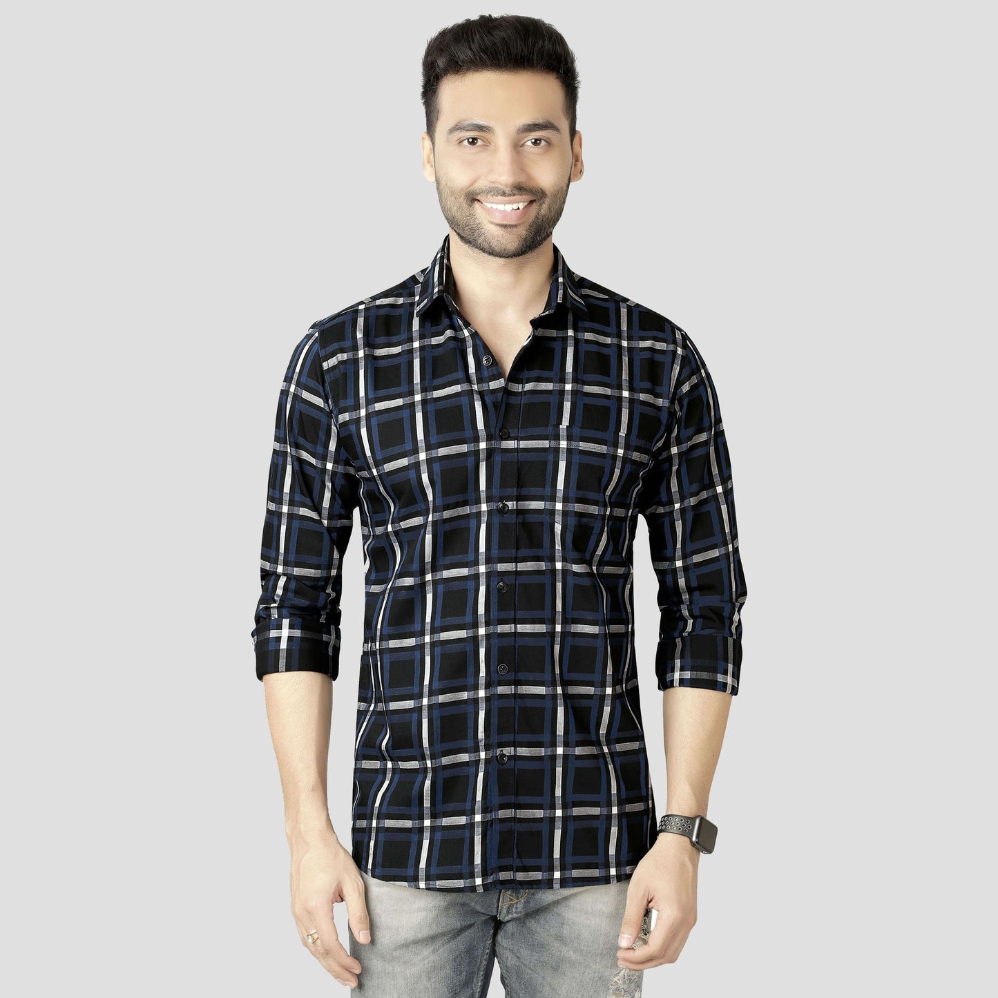 5thanfold Men's Casual Pure Cotton Full Sleeve Checkered Navy blue Regular Fit Shirt