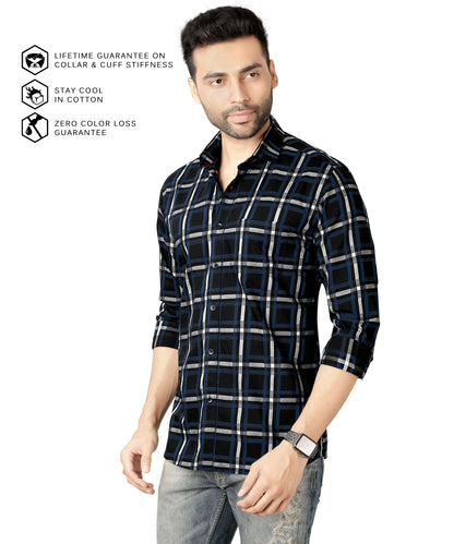 5thanfold Men's Casual Pure Cotton Full Sleeve Checkered Navy blue Regular Fit Shirt