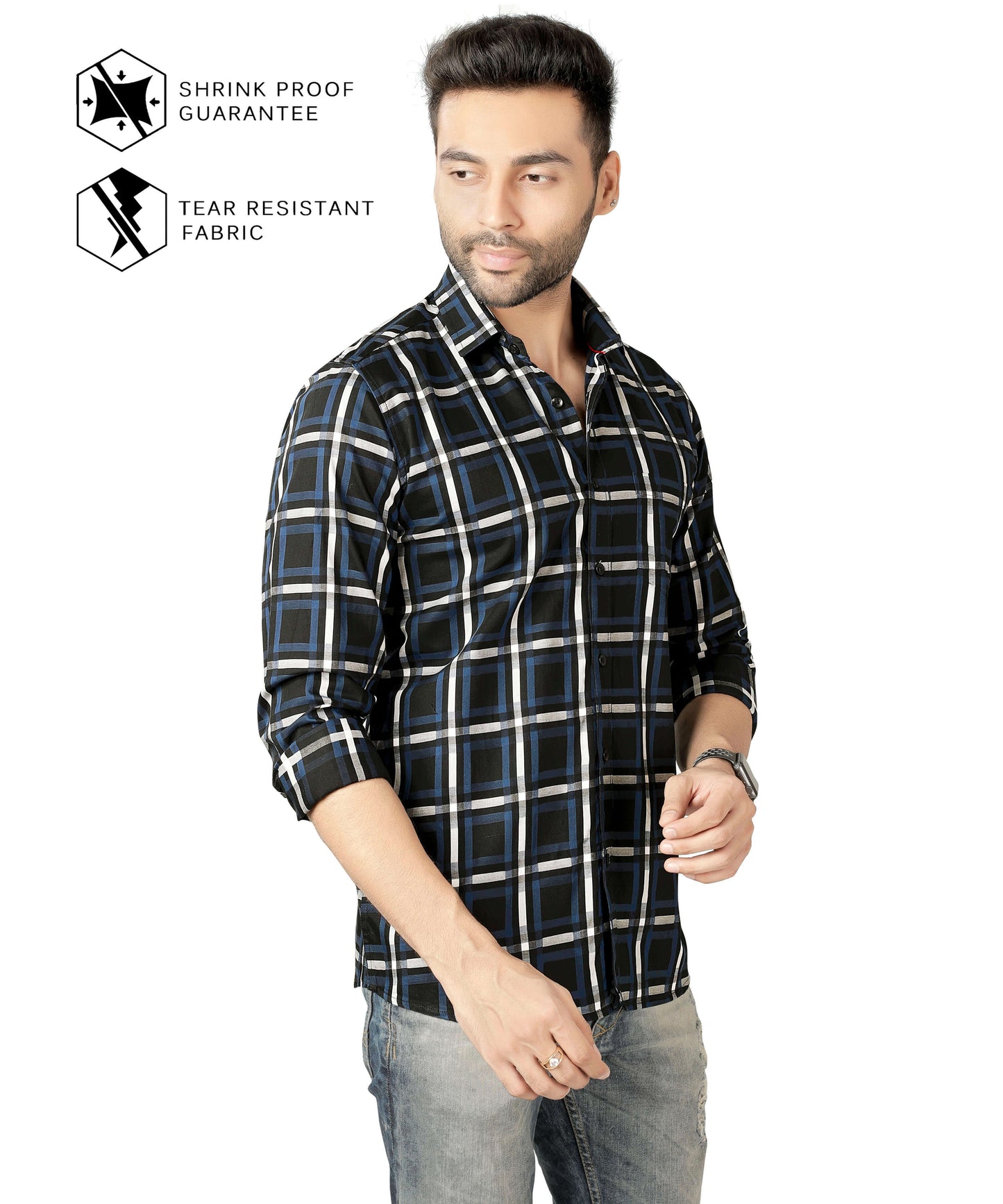 5thanfold Men's Casual Pure Cotton Full Sleeve Checkered Navy blue Regular Fit Shirt