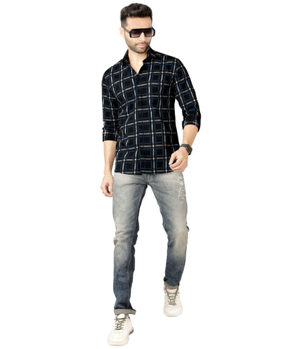 5thanfold Men's Casual Pure Cotton Full Sleeve Checkered Navy blue Regular Fit Shirt