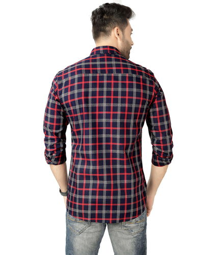 5thanfold Men's Casual Pure Cotton Full Sleeve Checkered Red Slim Fit Shirt