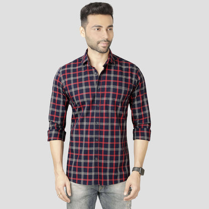 5thanfold Men's Casual Pure Cotton Full Sleeve Checkered Red Slim Fit Shirt