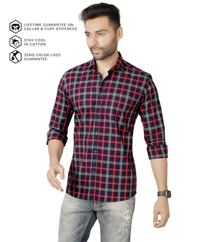 5thanfold Men's Casual Pure Cotton Full Sleeve Checkered Red Slim Fit Shirt