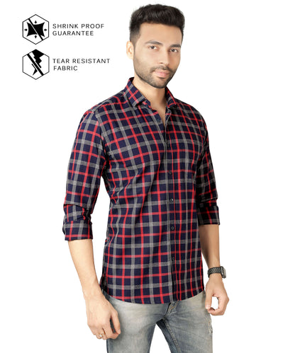 5thanfold Men's Casual Pure Cotton Full Sleeve Checkered Red Slim Fit Shirt